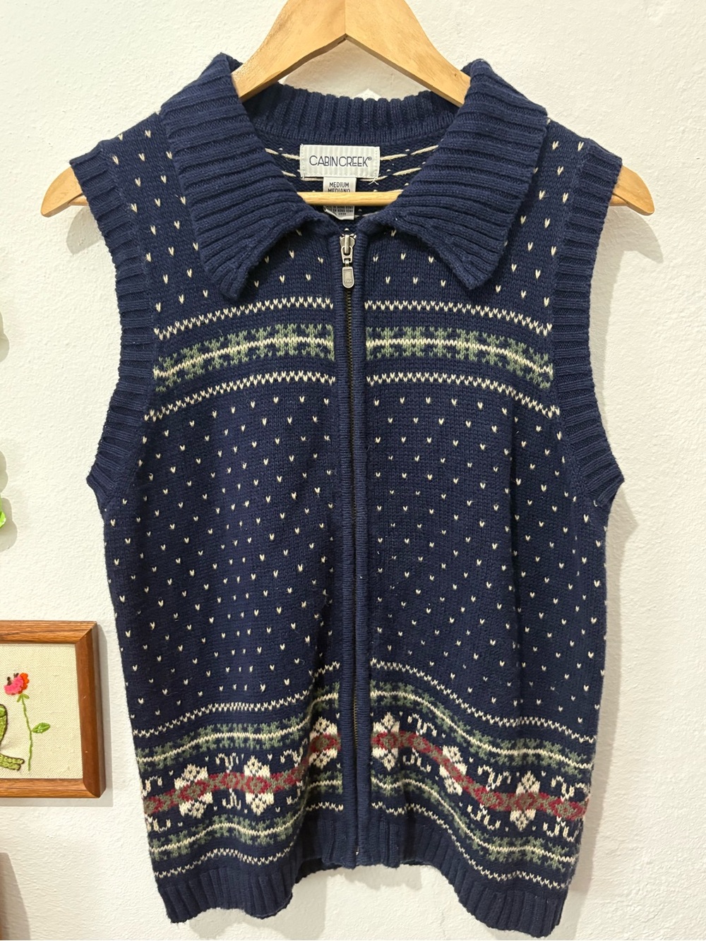 Vintage Cabin Creek Fair Isle Zip Front Sleeveless Cotton Blend Sweater Vest